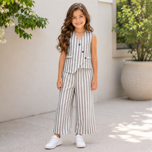 The Magic Wand Cotton Woven Sleeveless Striped Printed Overlap Waistcoat Top And Pant Co-Ord Set - Grey