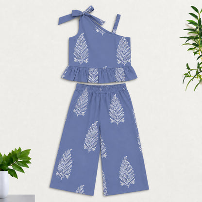 The Magic Wand Cambric Cotton Woven One Shoulder Buta Printed Top With Bow And Pant Set - Blue