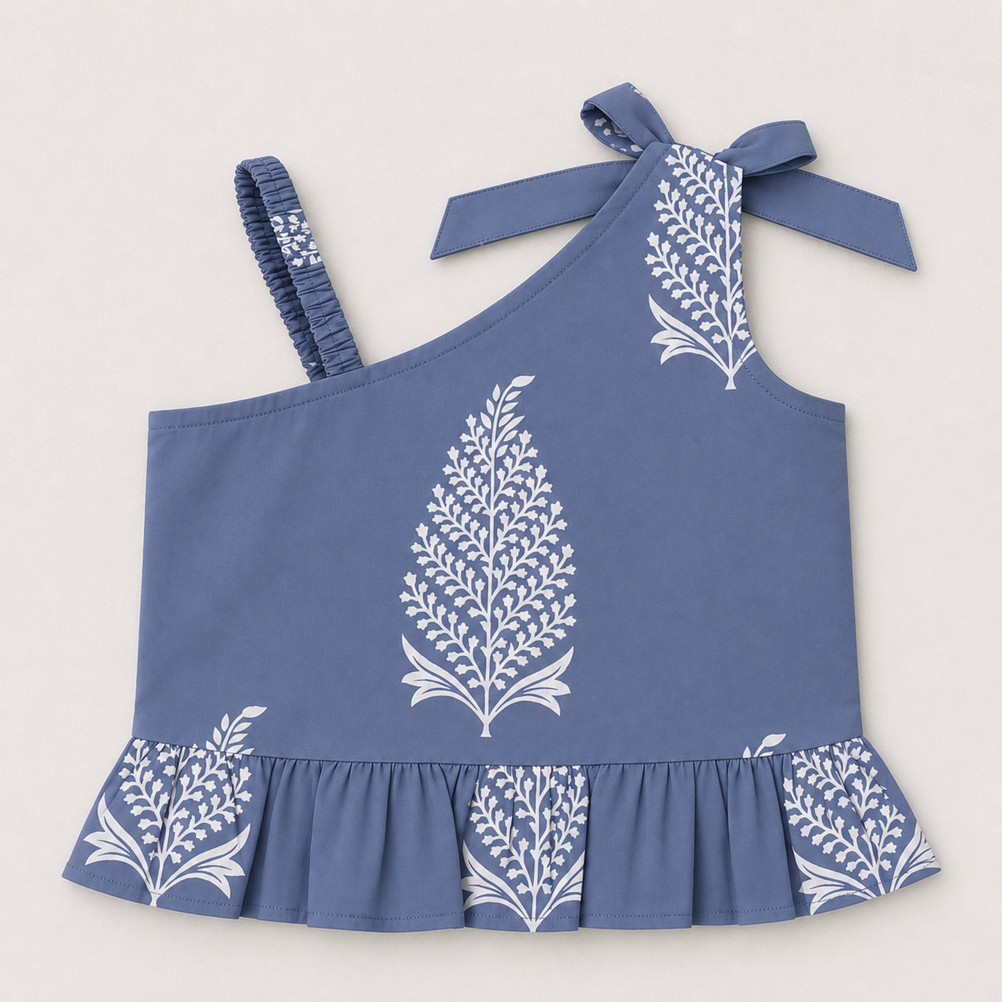 The Magic Wand Cambric Cotton Woven One Shoulder Buta Printed Top With Bow And Pant Set - Blue