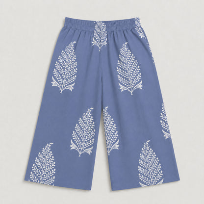 The Magic Wand Cambric Cotton Woven One Shoulder Buta Printed Top With Bow And Pant Set - Blue