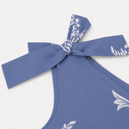 The Magic Wand Cambric Cotton Woven One Shoulder Buta Printed Top With Bow And Pant Set - Blue