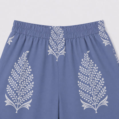 The Magic Wand Cambric Cotton Woven One Shoulder Buta Printed Top With Bow And Pant Set - Blue
