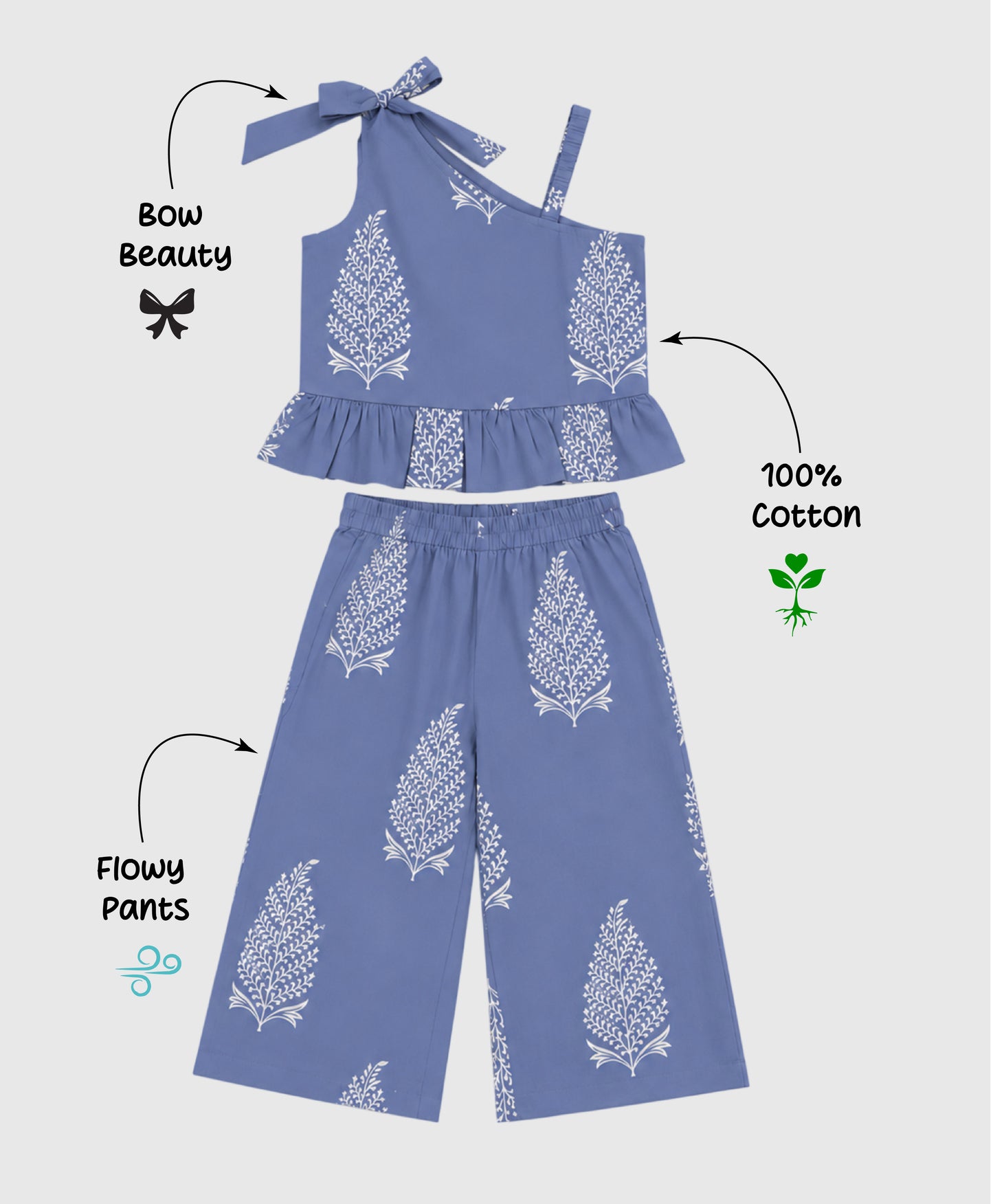The Magic Wand Cambric Cotton Woven One Shoulder Buta Printed Top With Bow And Pant Set - Blue