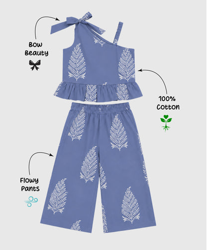 The Magic Wand Cambric Cotton Woven One Shoulder Buta Printed Top With Bow And Pant Set - Blue