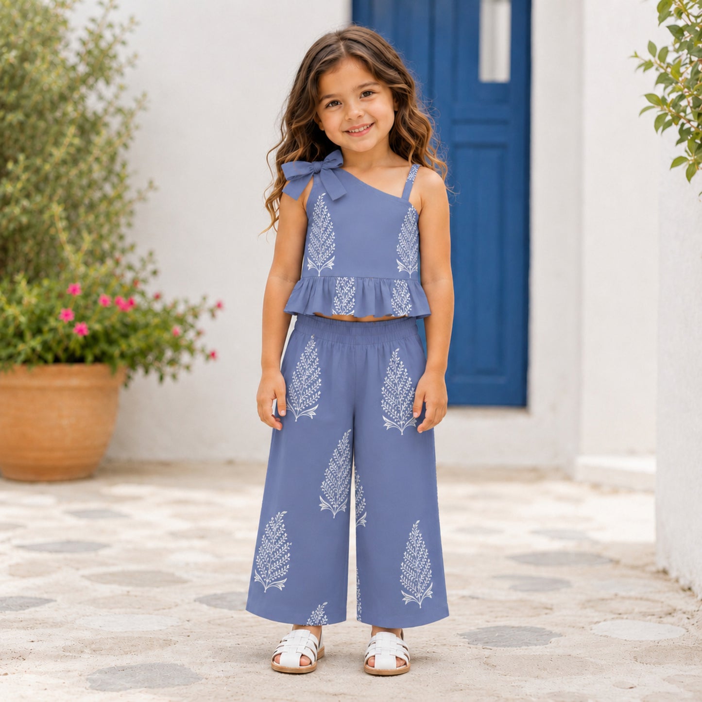 The Magic Wand Cambric Cotton Woven One Shoulder Buta Printed Top With Bow And Pant Set - Blue