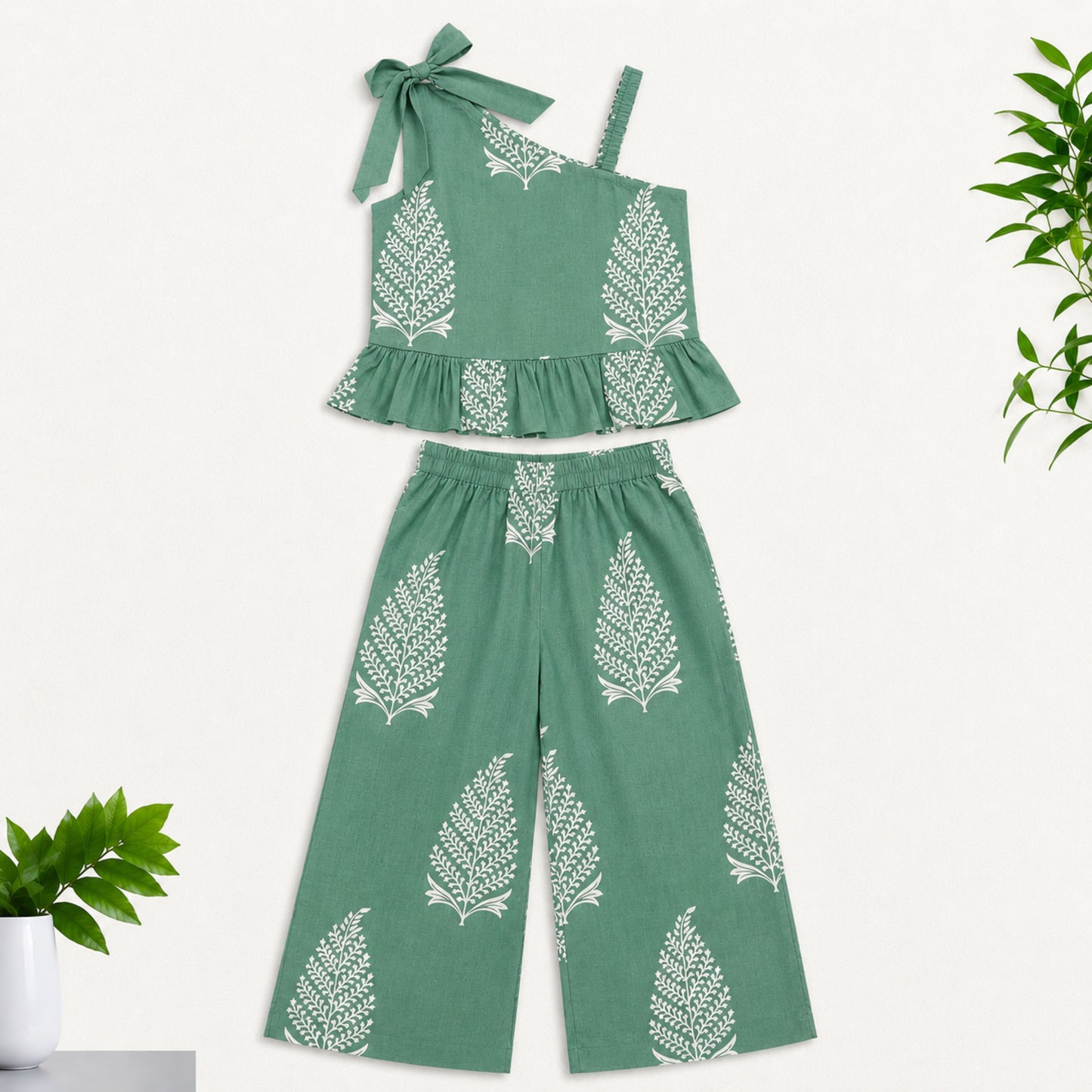 The Magic Wand Cambric Cotton Woven One Shoulder Buta Printed Top With Bow And Pant Set - Green