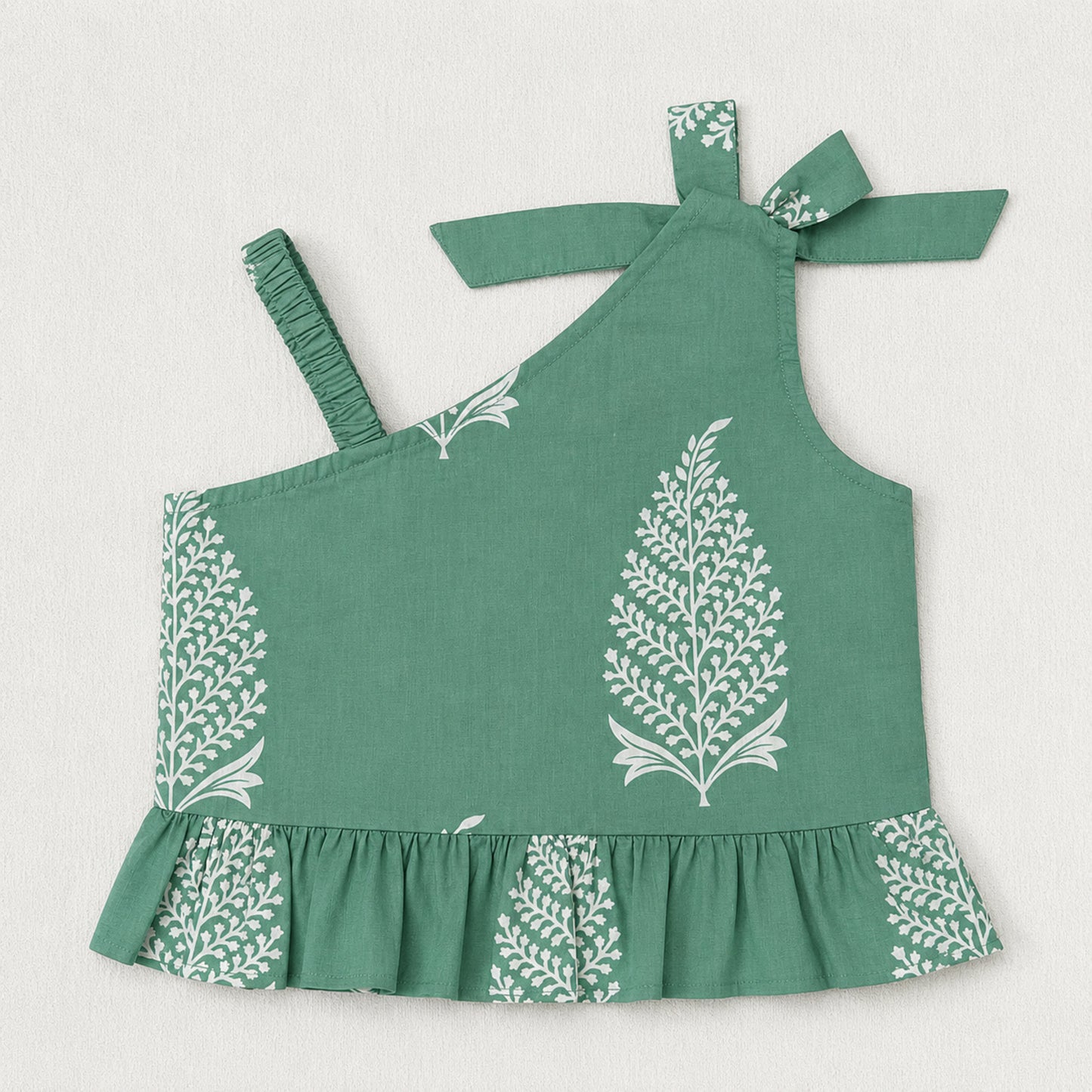 The Magic Wand Cambric Cotton Woven One Shoulder Buta Printed Top With Bow And Pant Set - Green