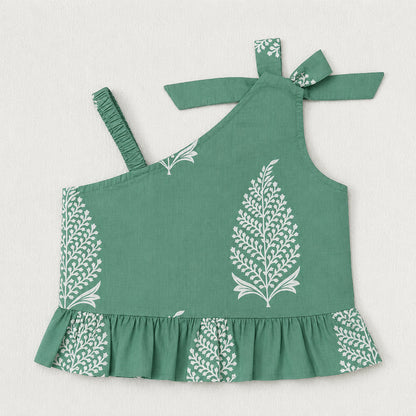 The Magic Wand Cambric Cotton Woven One Shoulder Buta Printed Top With Bow And Pant Set - Green