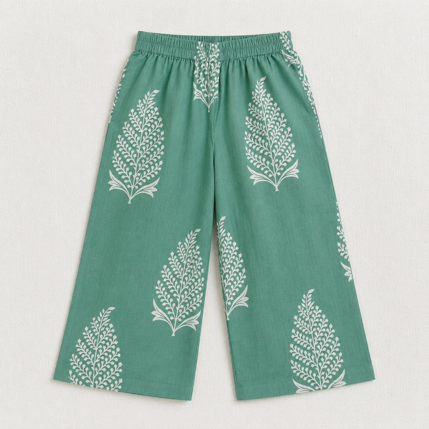 The Magic Wand Cambric Cotton Woven One Shoulder Buta Printed Top With Bow And Pant Set - Green