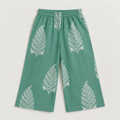 The Magic Wand Cambric Cotton Woven One Shoulder Buta Printed Top With Bow And Pant Set - Green