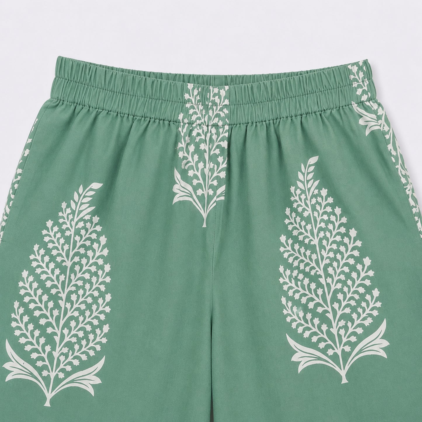The Magic Wand Cambric Cotton Woven One Shoulder Buta Printed Top With Bow And Pant Set - Green