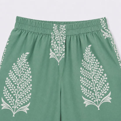 The Magic Wand Cambric Cotton Woven One Shoulder Buta Printed Top With Bow And Pant Set - Green