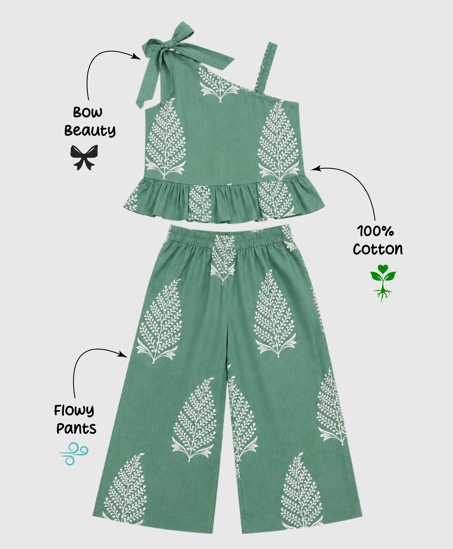 The Magic Wand Cambric Cotton Woven One Shoulder Buta Printed Top With Bow And Pant Set - Green