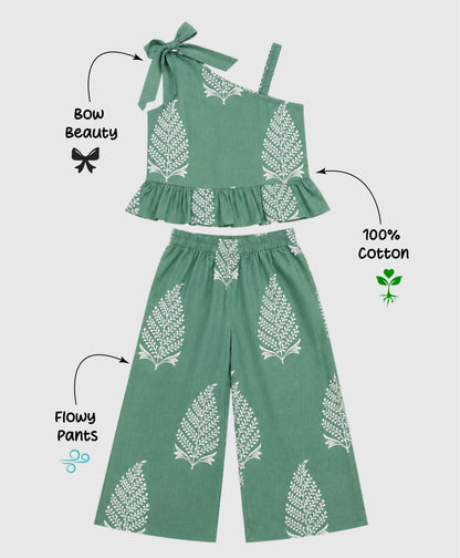 The Magic Wand Cambric Cotton Woven One Shoulder Buta Printed Top With Bow And Pant Set - Green