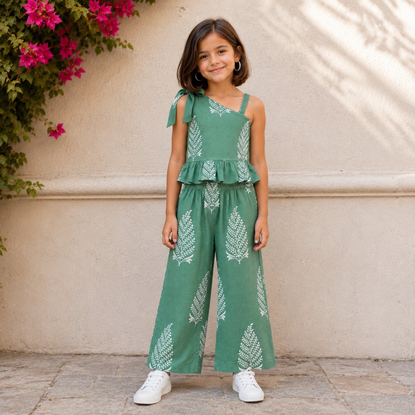The Magic Wand Cambric Cotton Woven One Shoulder Buta Printed Top With Bow And Pant Set - Green