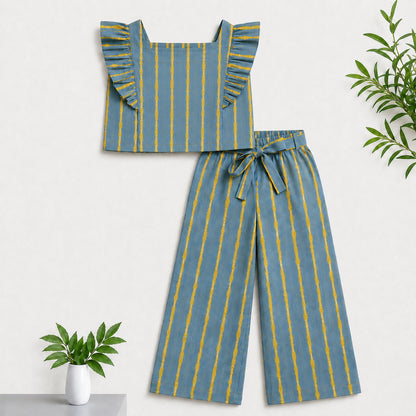 The Magic Wand Cotton Woven Ruffle Sleeves Striped Coordinating Top And Pant Set - Blue