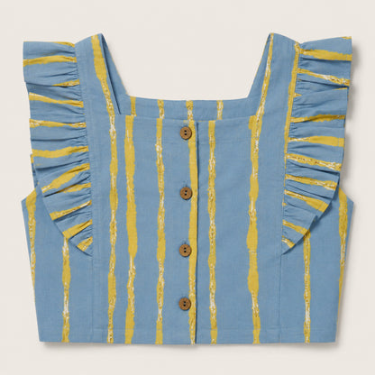 The Magic Wand Cotton Woven Ruffle Sleeves Striped Coordinating Top And Pant Set - Blue