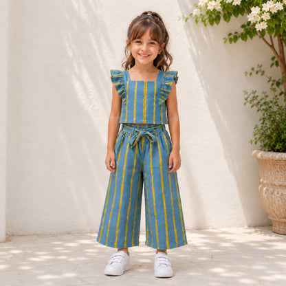 The Magic Wand Cotton Woven Ruffle Sleeves Striped Coordinating Top And Pant Set - Blue