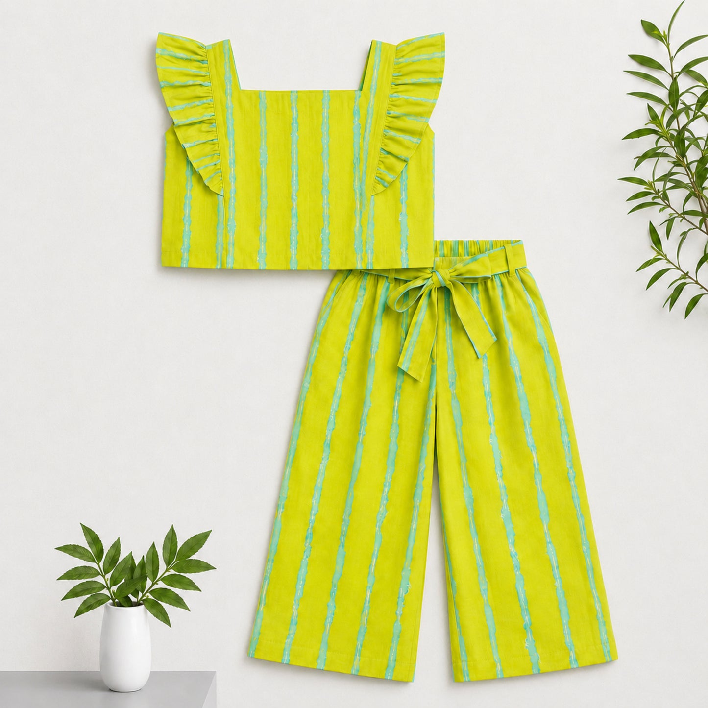 The Magic Wand Cotton Woven Ruffle Sleeves Striped Coordinating Top And Pant Set - Green
