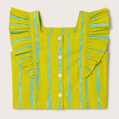 The Magic Wand Cotton Woven Ruffle Sleeves Striped Coordinating Top And Pant Set - Green