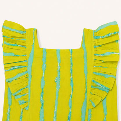 The Magic Wand Cotton Woven Ruffle Sleeves Striped Coordinating Top And Pant Set - Green