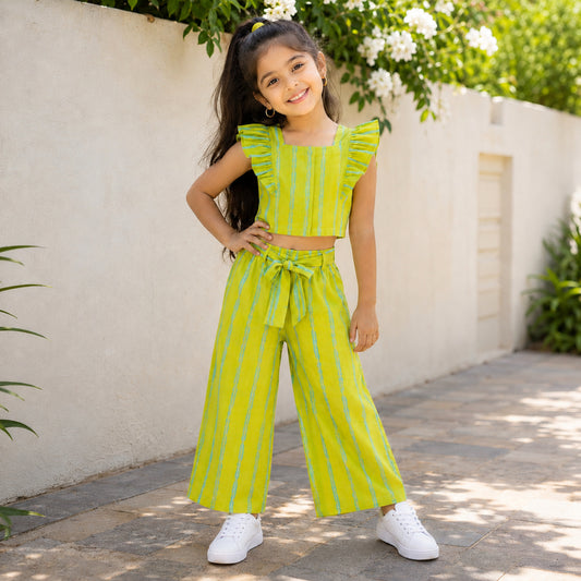 The Magic Wand Cotton Woven Ruffle Sleeves Striped Coordinating Top And Pant Set - Green