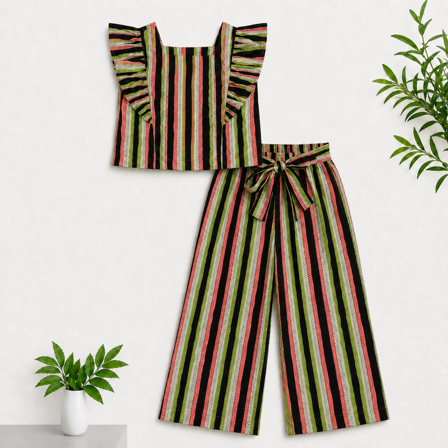 The Magic Wand Cotton Woven Ruffle Sleeves Striped Coordinating Top And Pant Set - Multi Color