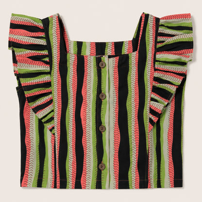 The Magic Wand Cotton Woven Ruffle Sleeves Striped Coordinating Top And Pant Set - Multi Color