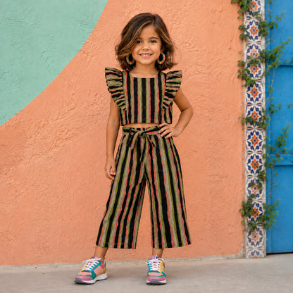 The Magic Wand Cotton Woven Ruffle Sleeves Striped Coordinating Top And Pant Set - Multi Color