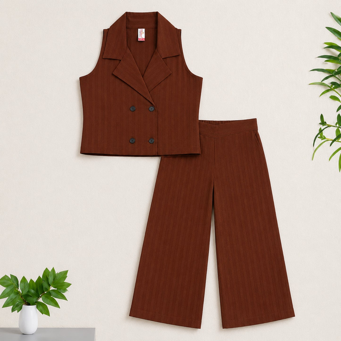 The Magic Wand  Woven Sleeveless Textured Stripe Waistcoat Top And Pant Set - Brown