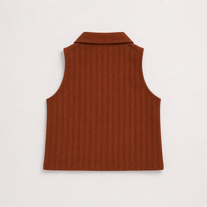 The Magic Wand  Woven Sleeveless Textured Stripe Waistcoat Top And Pant Set - Brown