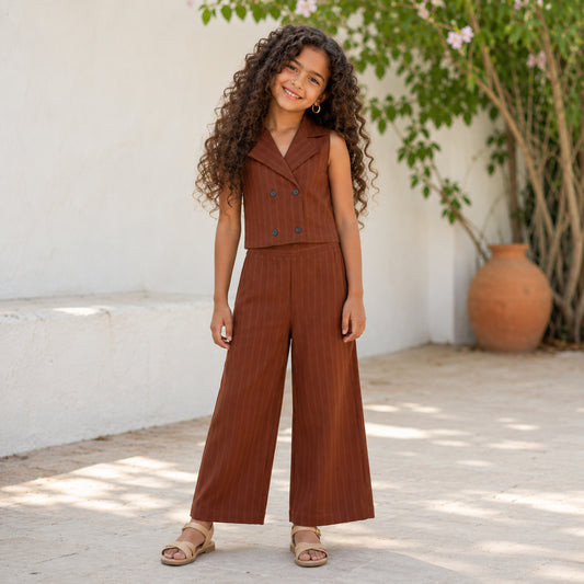 The Magic Wand  Woven Sleeveless Textured Stripe Waistcoat Top And Pant Set - Brown
