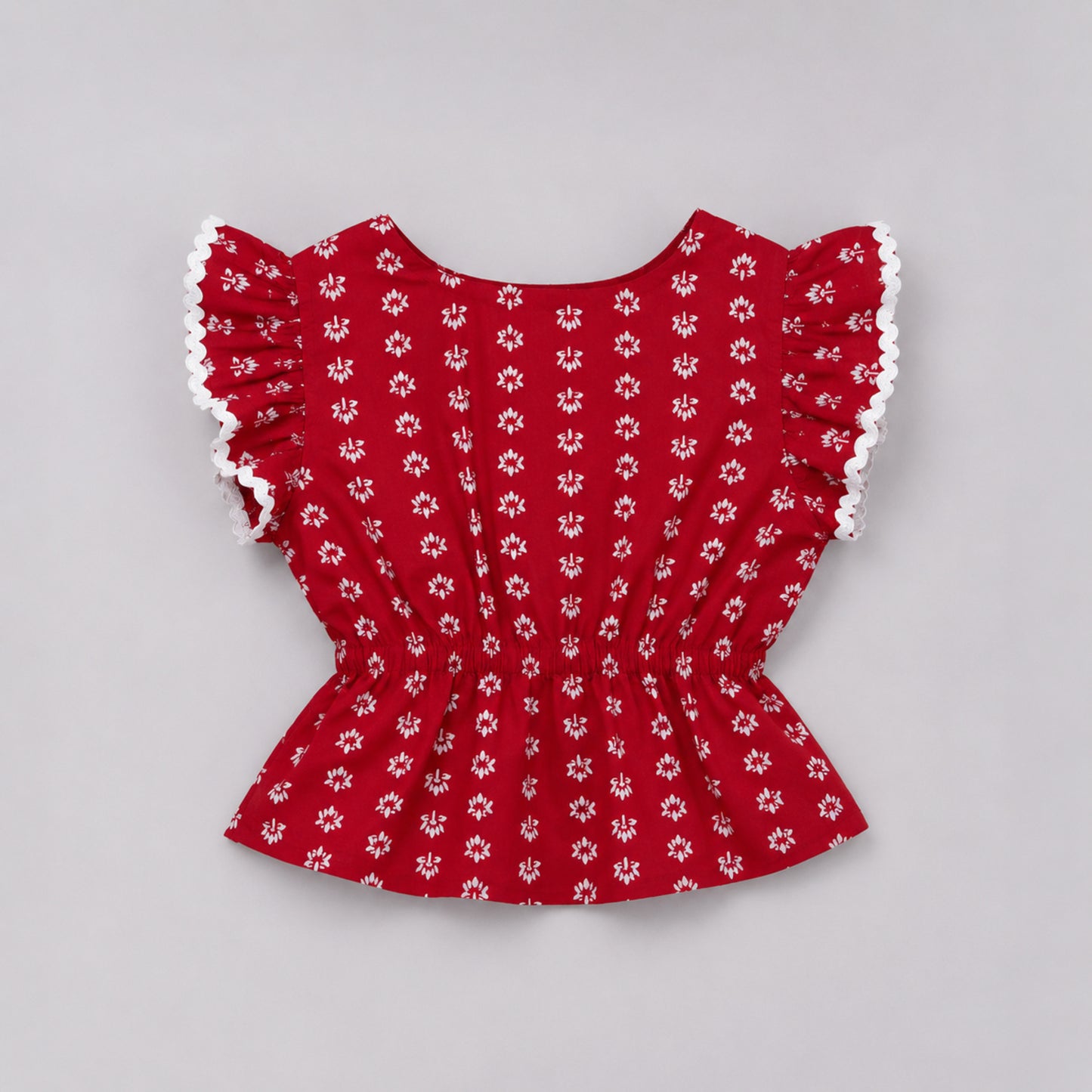The Magic Wand Cotton Woven Ruffle Sleeves Floral Printed Laced Peplum Top And Skirt Set - Red
