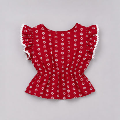 The Magic Wand Cotton Woven Ruffle Sleeves Floral Printed Laced Peplum Top And Skirt Set - Red