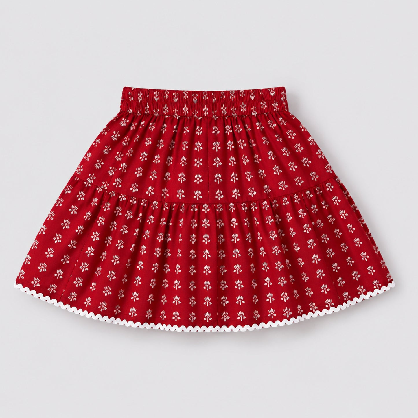 The Magic Wand Cotton Woven Ruffle Sleeves Floral Printed Laced Peplum Top And Skirt Set - Red