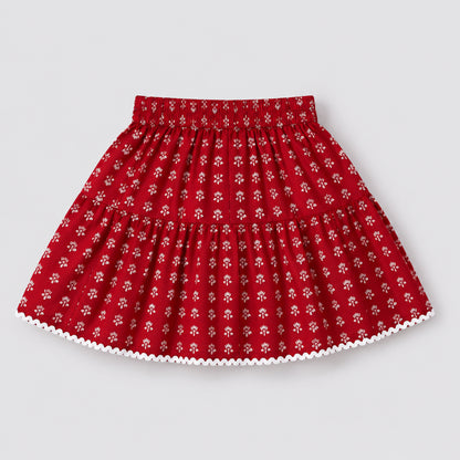 The Magic Wand Cotton Woven Ruffle Sleeves Floral Printed Laced Peplum Top And Skirt Set - Red