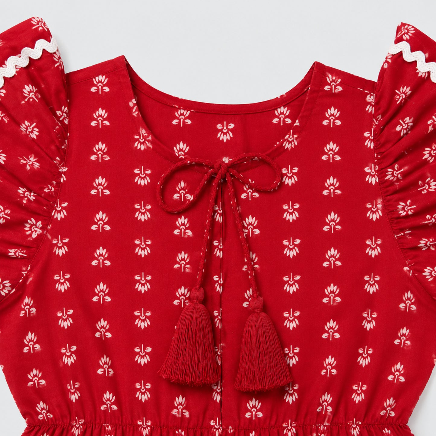 The Magic Wand Cotton Woven Ruffle Sleeves Floral Printed Laced Peplum Top And Skirt Set - Red