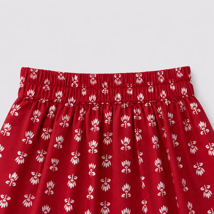 The Magic Wand Cotton Woven Ruffle Sleeves Floral Printed Laced Peplum Top And Skirt Set - Red