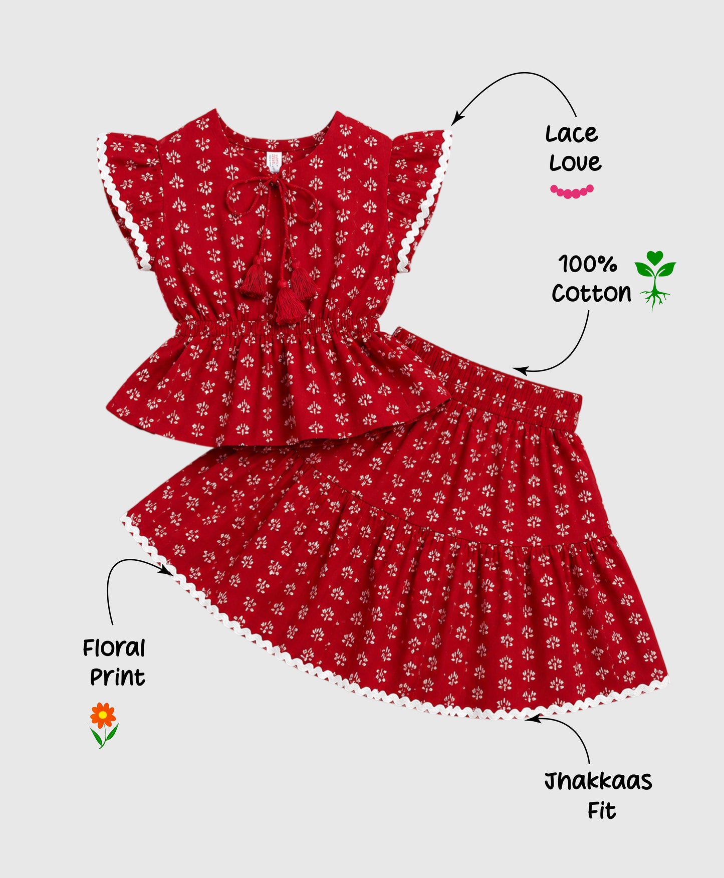 The Magic Wand Cotton Woven Ruffle Sleeves Floral Printed Laced Peplum Top And Skirt Set - Red