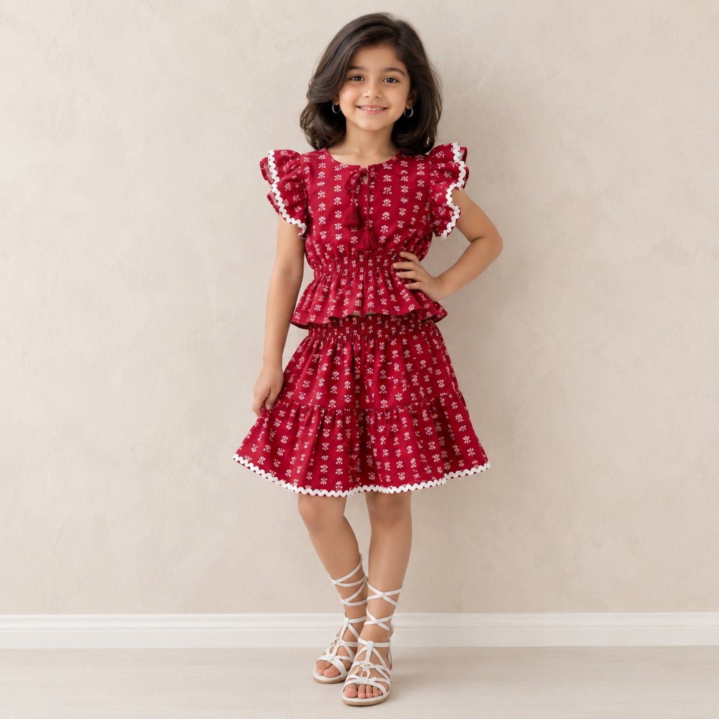 The Magic Wand Cotton Woven Ruffle Sleeves Floral Printed Laced Peplum Top And Skirt Set - Red