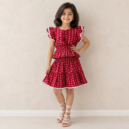The Magic Wand Cotton Woven Ruffle Sleeves Floral Printed Laced Peplum Top And Skirt Set - Red