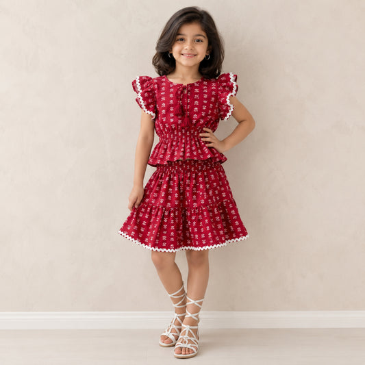 The Magic Wand Cotton Woven Ruffle Sleeves Floral Printed Laced Peplum Top And Skirt Set - Red