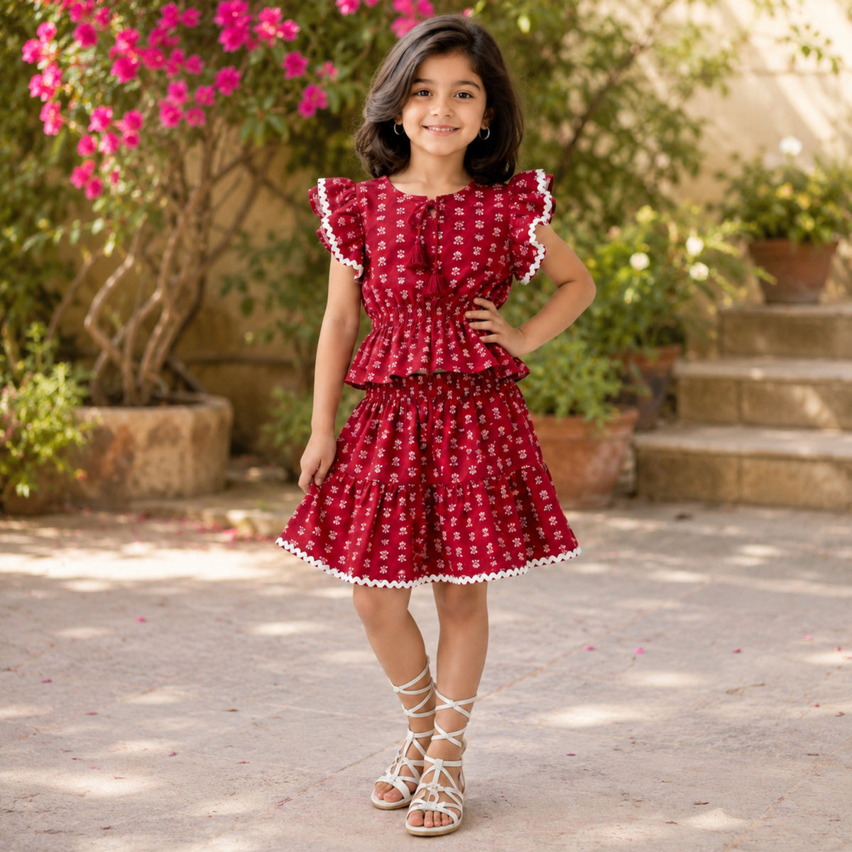 The Magic Wand Cotton Woven Ruffle Sleeves Floral Printed Laced Peplum Top And Skirt Set - Red