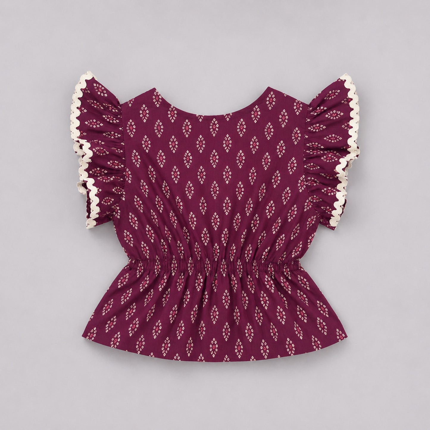 The Magic Wand Cotton Woven Ruffle Sleeves Buti Printed Laced Peplum Top And Skirt Set - Wine