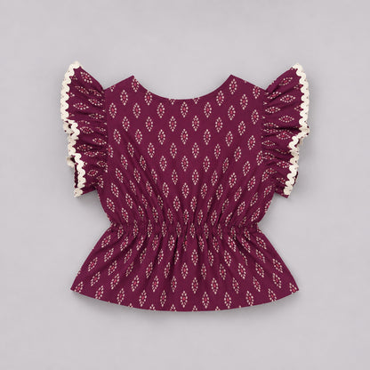The Magic Wand Cotton Woven Ruffle Sleeves Buti Printed Laced Peplum Top And Skirt Set - Wine