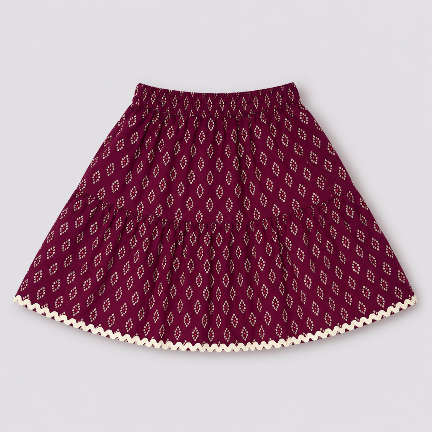 The Magic Wand Cotton Woven Ruffle Sleeves Buti Printed Laced Peplum Top And Skirt Set - Wine