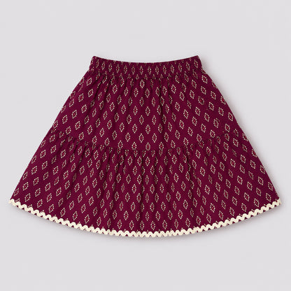 The Magic Wand Cotton Woven Ruffle Sleeves Buti Printed Laced Peplum Top And Skirt Set - Wine