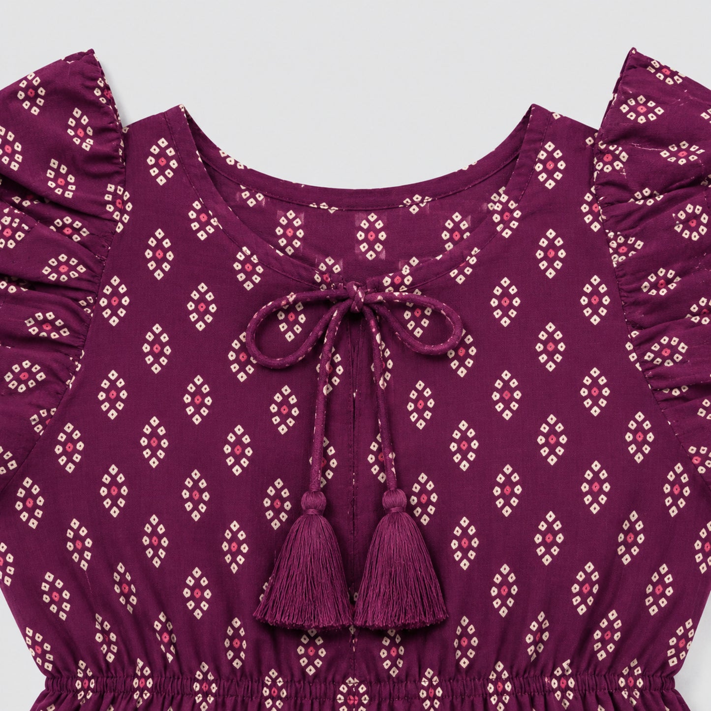 The Magic Wand Cotton Woven Ruffle Sleeves Buti Printed Laced Peplum Top And Skirt Set - Wine
