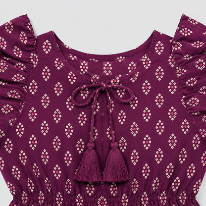 The Magic Wand Cotton Woven Ruffle Sleeves Buti Printed Laced Peplum Top And Skirt Set - Wine