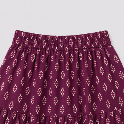 The Magic Wand Cotton Woven Ruffle Sleeves Buti Printed Laced Peplum Top And Skirt Set - Wine